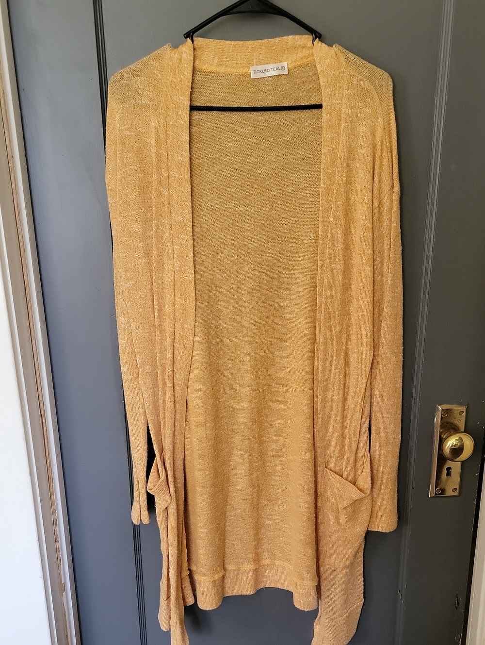 Tickled Teal Women's Mustard Open-Front Long Cardigan